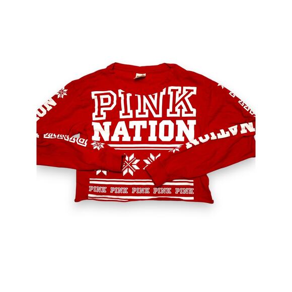 PINK Victoria Secret Red Festive Graphic Long Sleeve Crop Top Size XS - Picture 2 of 9